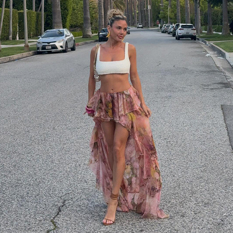 Dame floral asymmetrisk nederdel med flæse detaljer Skovae