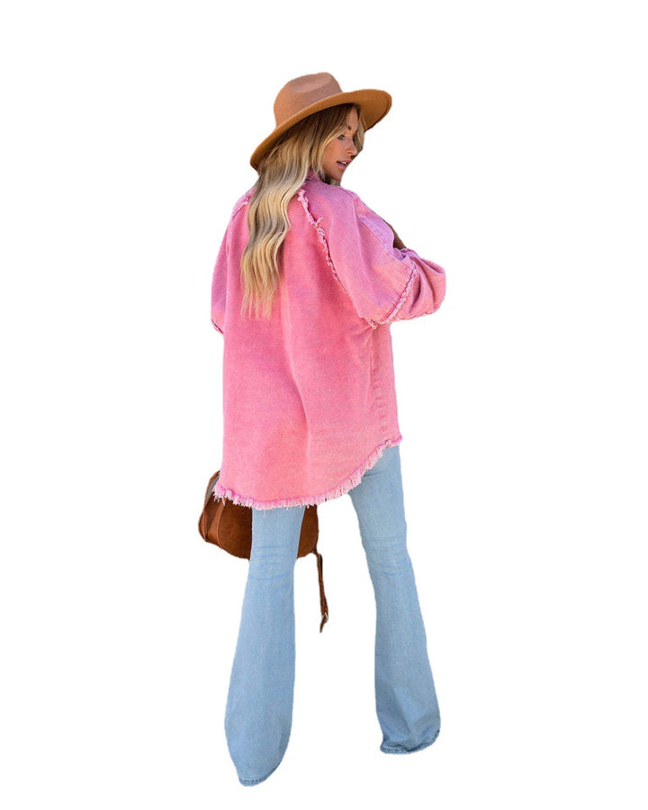 Damer Oversized Denim-Skortejakke med frynset kant og patchwork-detalje Stilla