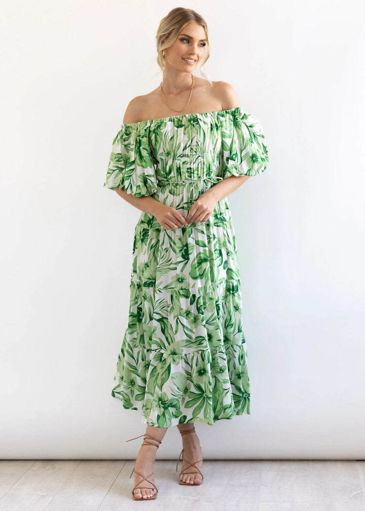 Dame Maxi Kjole med usædvanligt Off-Shoulder Design og voluminøse ærmer Stilla