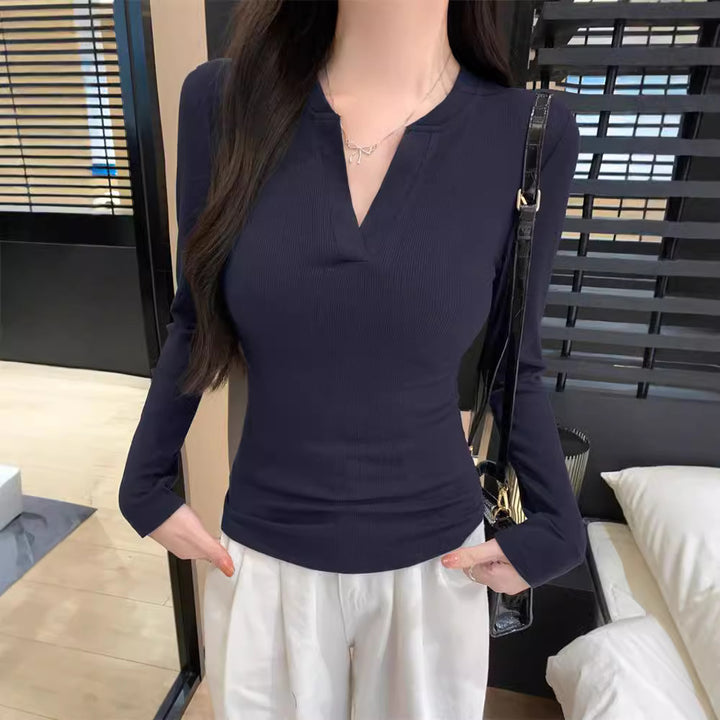 Dame Rib Langærmet Henley Top med moderne V-udskæring Stilla