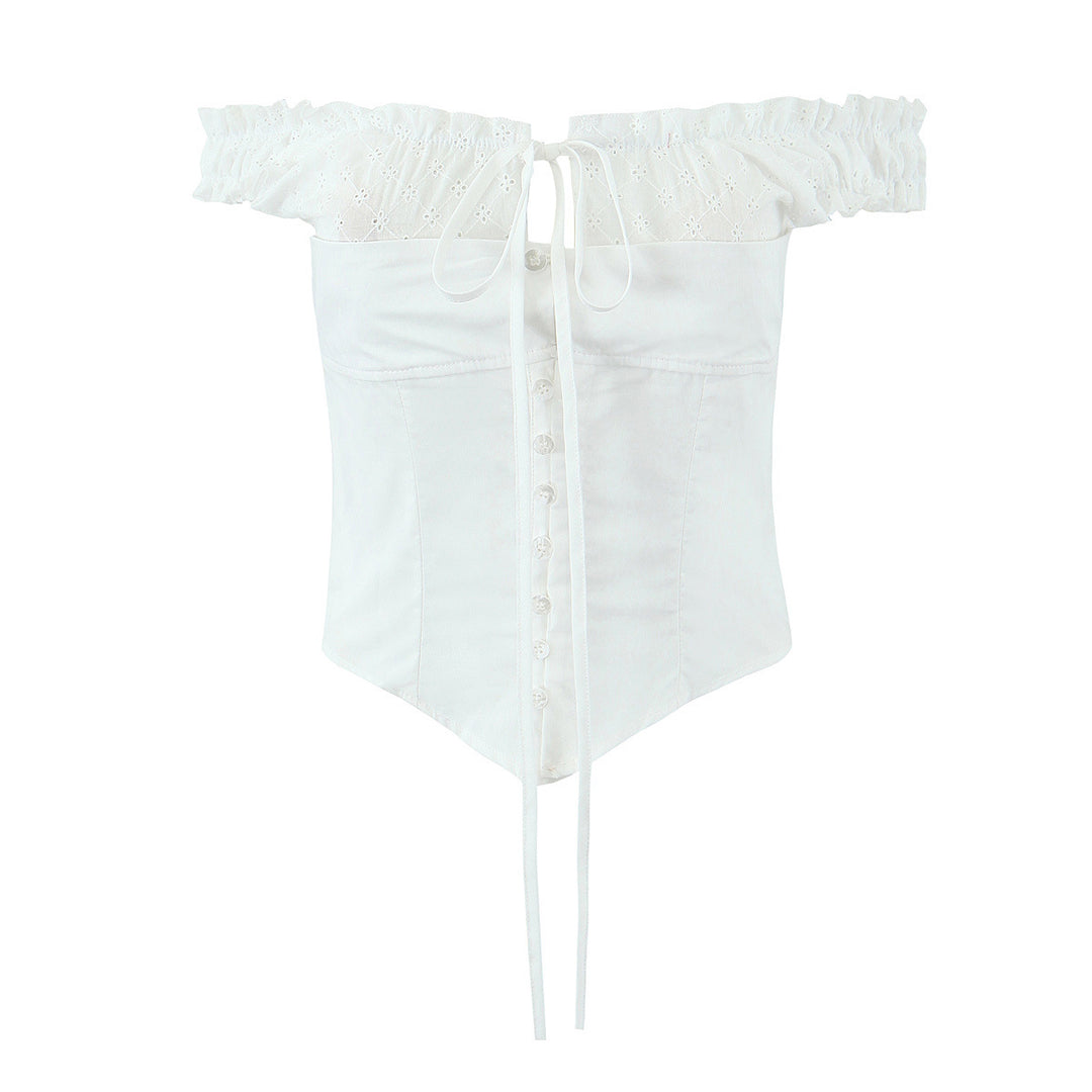 Dame Off-Shoulder Bluse med elastisk flæse og knaplukning Stilla