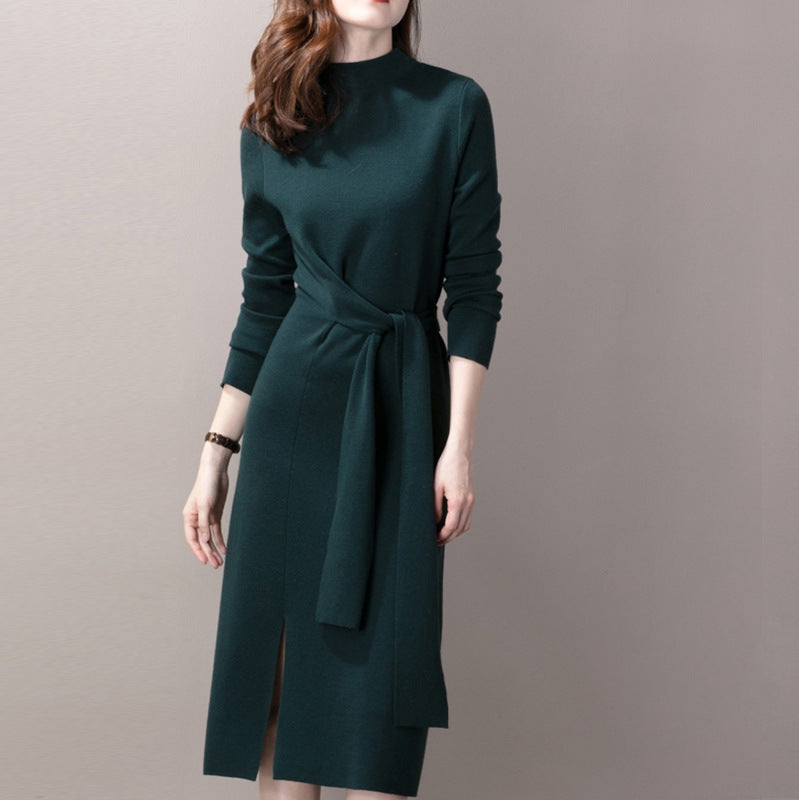 Femme Elegante Langærmet Strikket Kjole med Sideslids Stilla