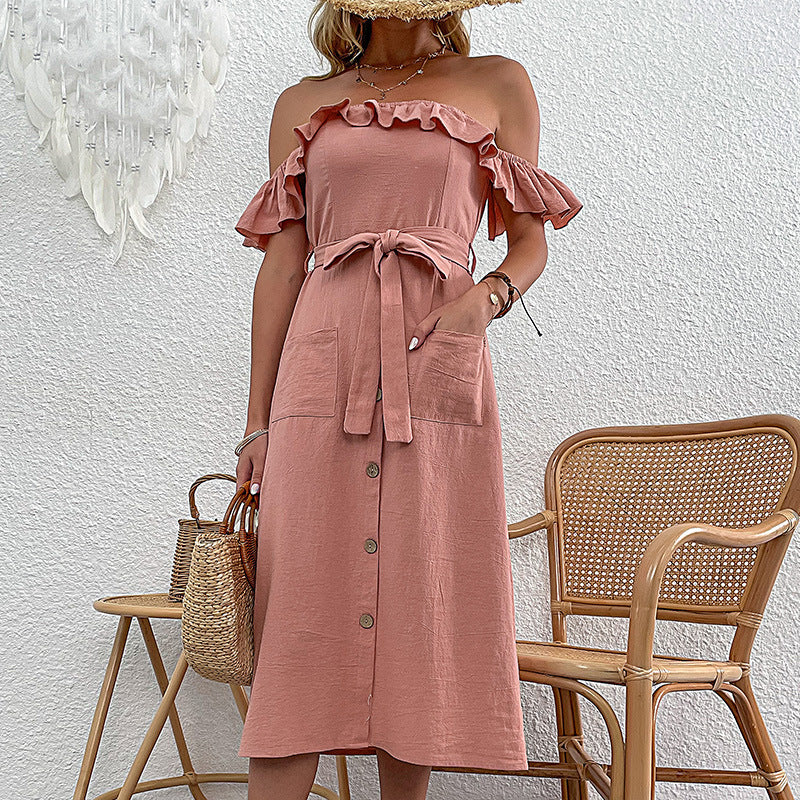 Kvinders Off-Shoulder Midi Kjole med Rynkedetaljer og Båndbelte Stilla