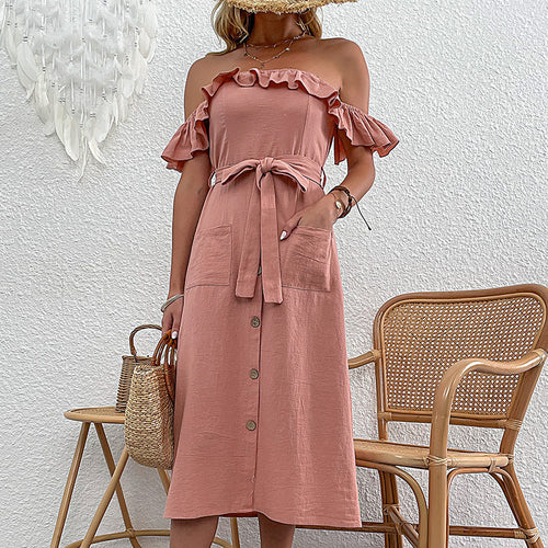Kvinders Off-Shoulder Midi Kjole med Rynkedetaljer og Båndbelte Stilla