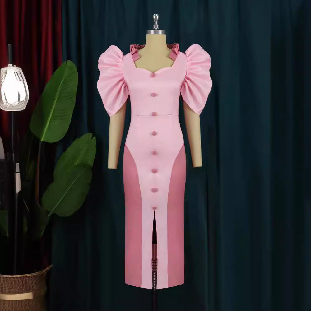 Dame Elegant Maxikjole med voluminøse pufærmer og knapdetaljer Skovae