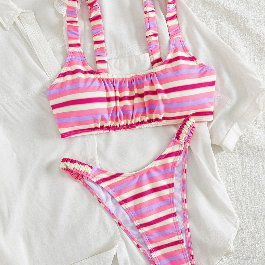 Dame Sporty bikini med moderigtigt stribemønster og elastisk linning Skovae