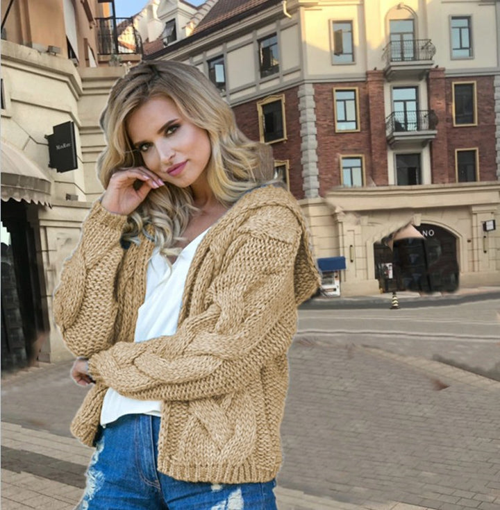 Kvinders chunky strik cardigan med hætte og asymmetrisk design Stilla