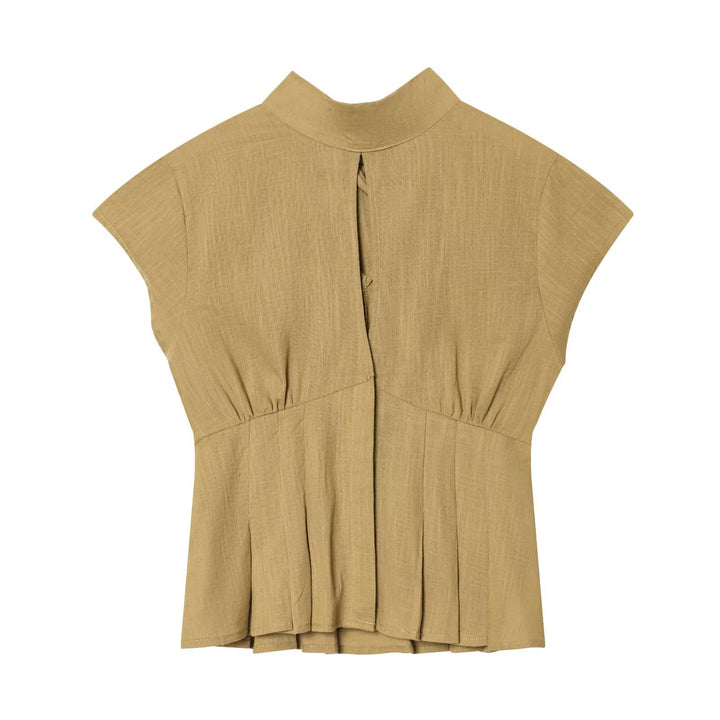 Dame bluse shirt med elegant stående krave og plisserede detaljer Skovae