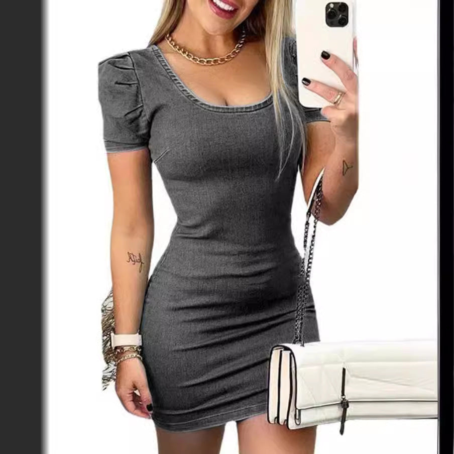 Dame Puffærmet Denim Bodycon Kjole Stilla
