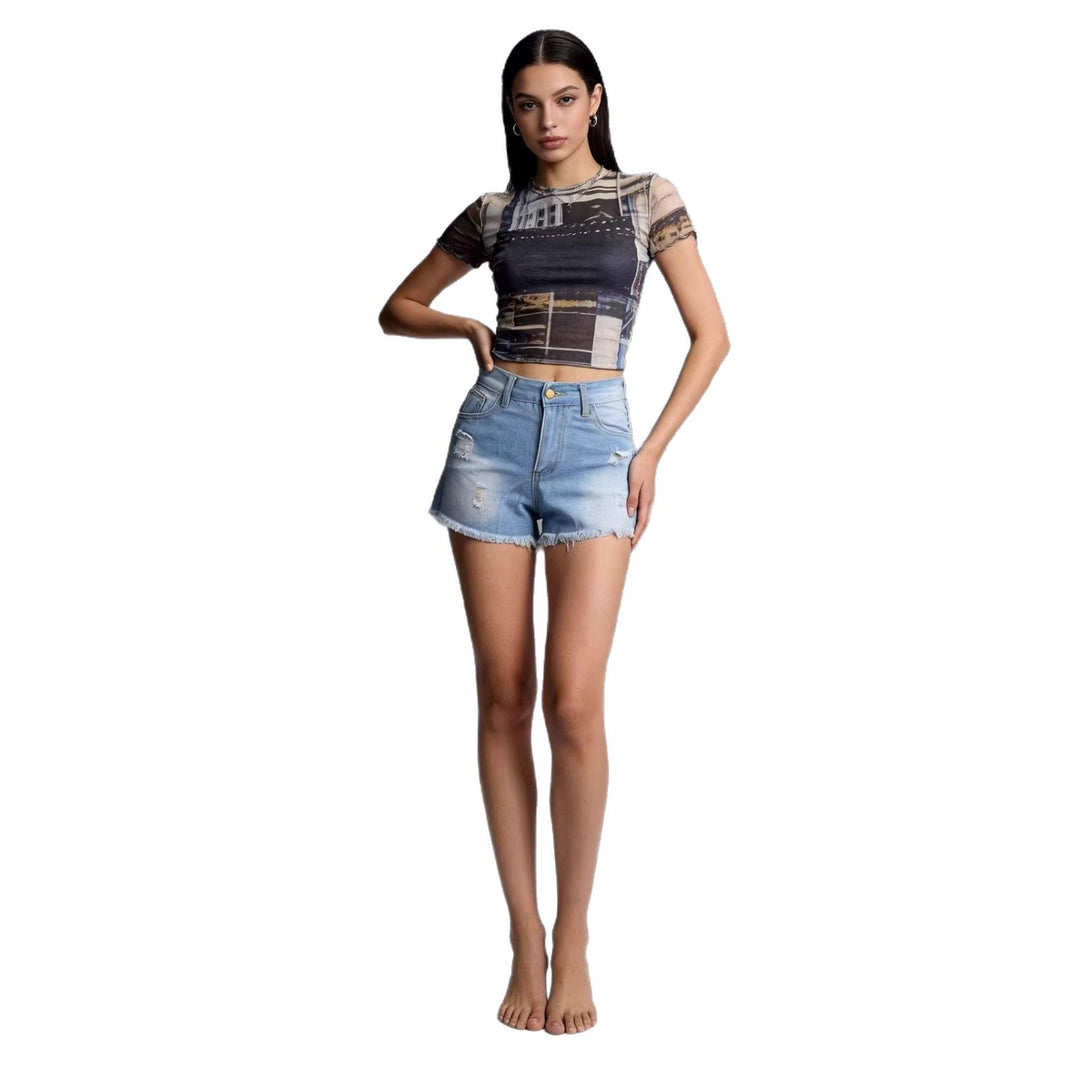 Dame Crop Top og High-Waist Jeans-Shorts Skovae