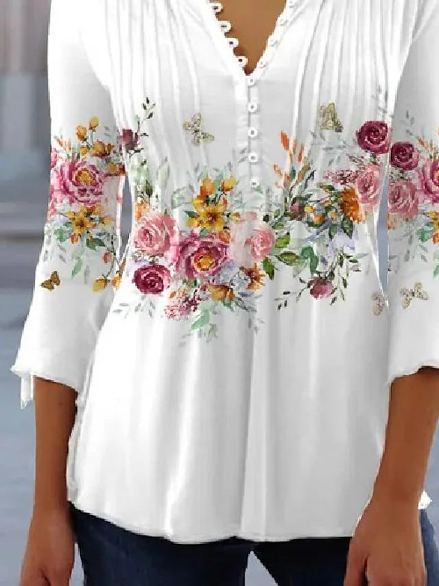 Dame nan luftig tunika-bluse med akvarel blomsterbånd, kælderfolder og trekvartærmer Skovae