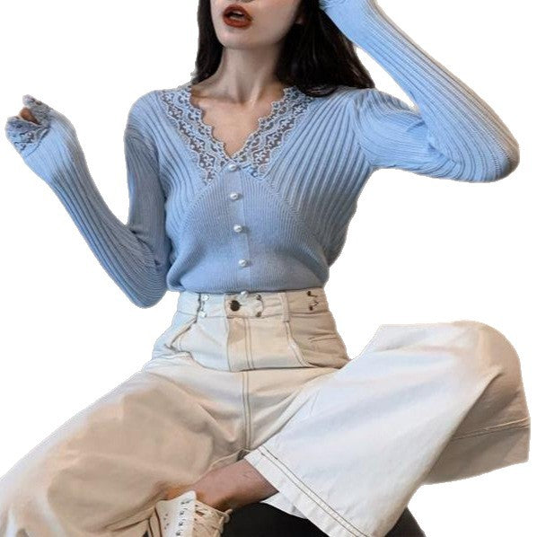 Dame Langærmet Sweater med Blonder Detaljer Stilla