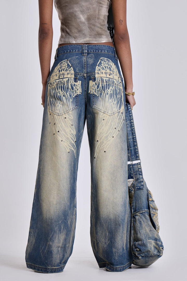 Dame brede jeans med kunstnerisk vinge-design og unikke detaljer Skovae