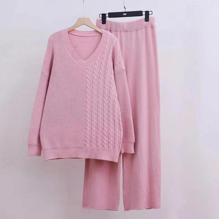 Femme Cozy V-hals Strik Loungewear Sæt Stilla