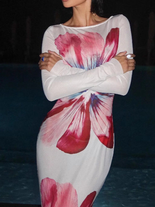 Femme Elegant Floral Langærmet Midi Kjole Stilla