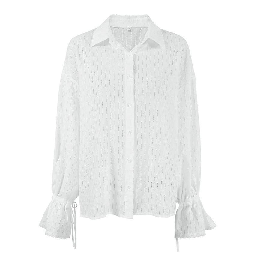 Damer Elegant Bluse med transparente stoffer detaljer og rynker Stilla