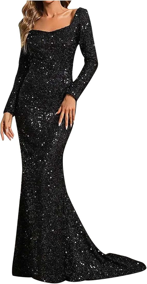Dame Glamourøse Glitter Aften Kjole med Svingende Nederdel og Voluminøse Ærmer Skovae