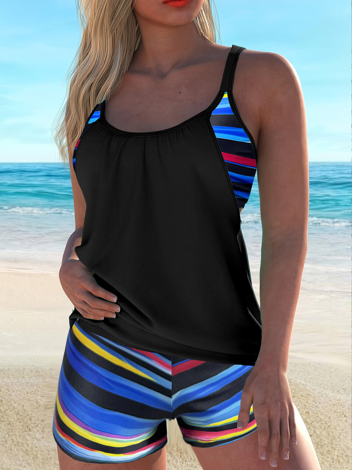 Dame Sportsligt Tankini-sæt med moderigtigt stribemønster Skovae