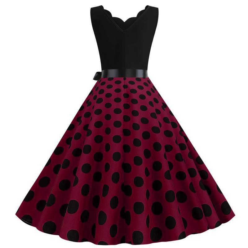 Women Vintage Polka Dots Dress with A-Line Cut and Waist Belt Stilla