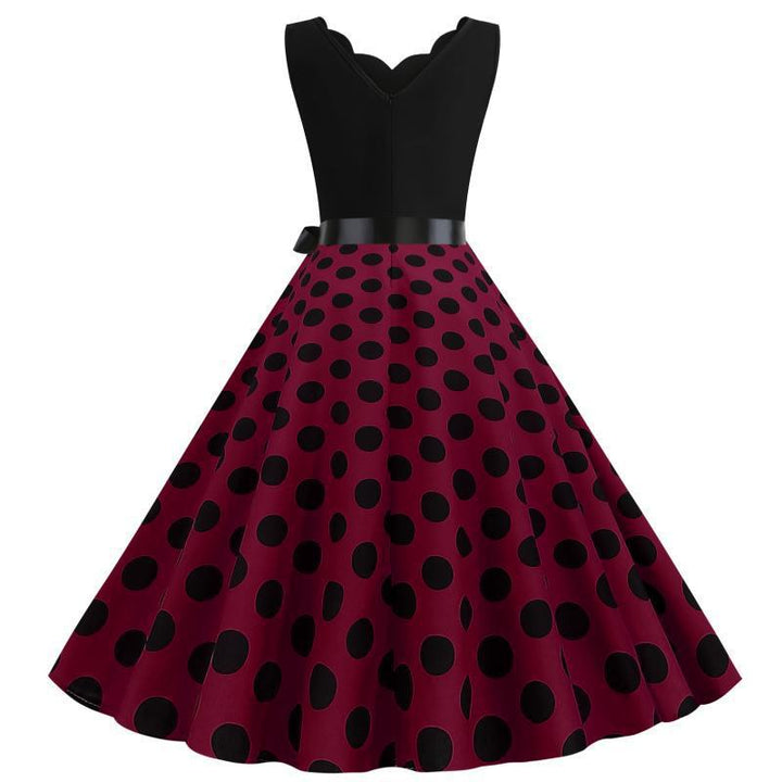 Women Vintage Polka Dots Dress with A-Line Cut and Waist Belt Stilla
