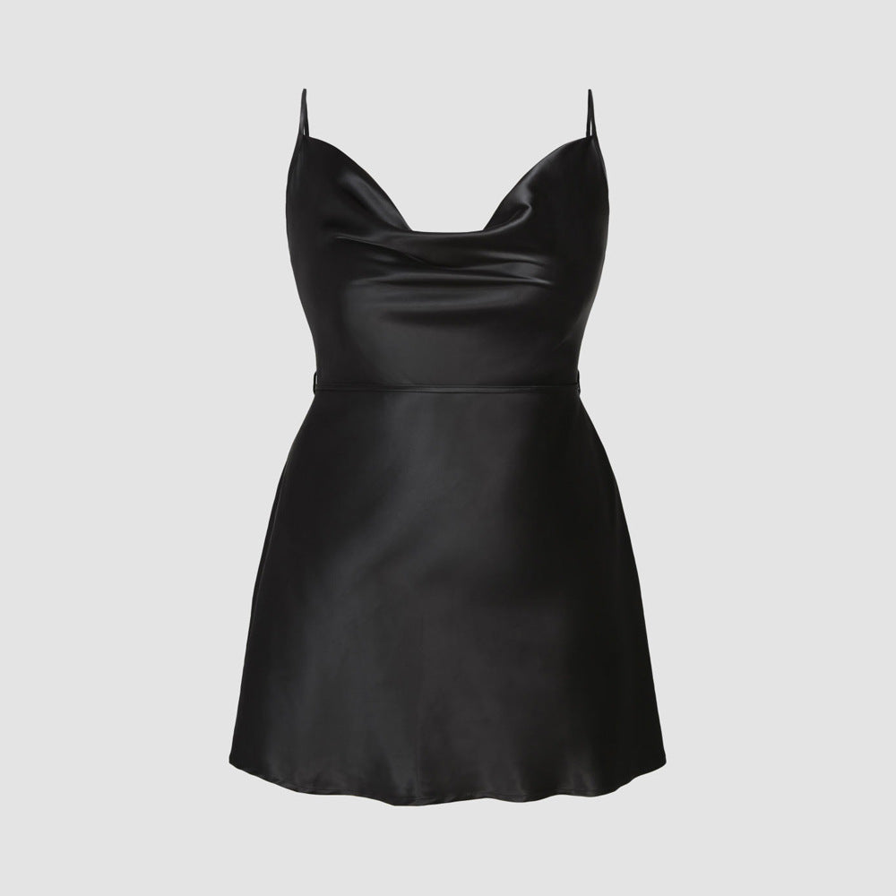 Dame elegant satin kjole med justerbare stropper og taljebånd Skovae