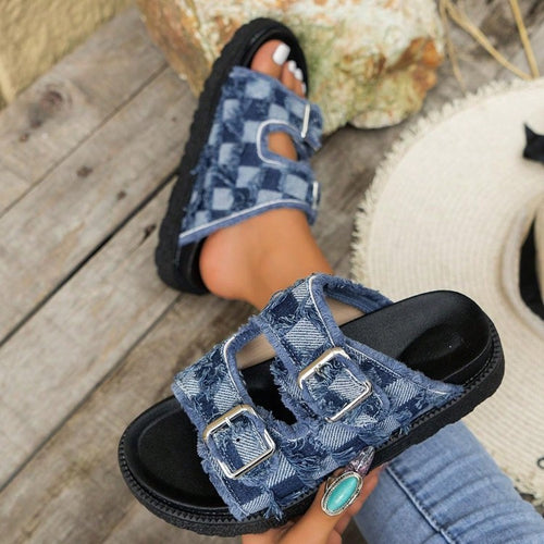 Dame mode sandaler med remme og frynset denim Stilla
