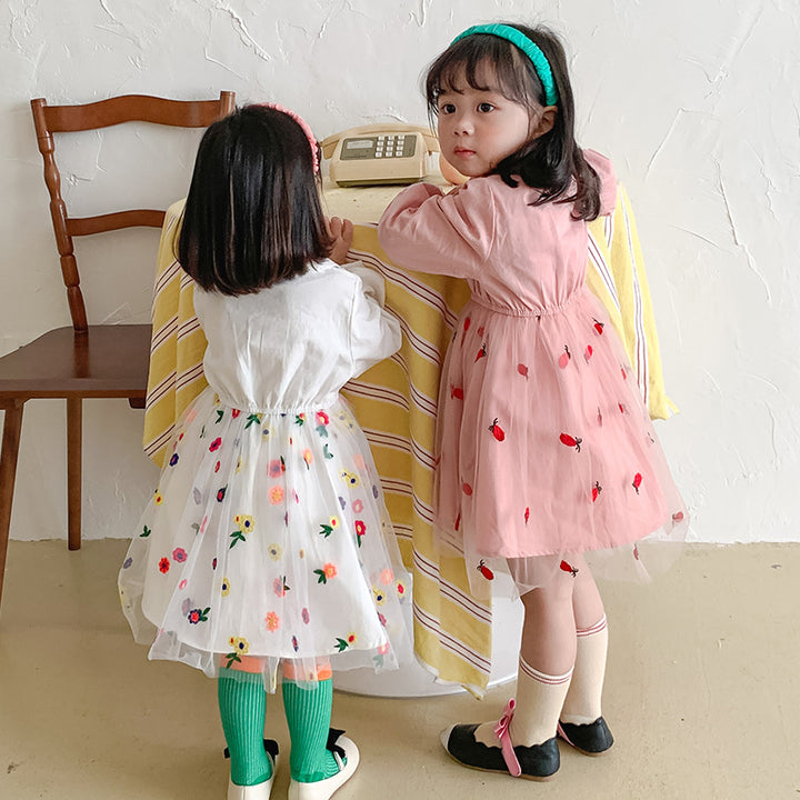 Pige Elegant Floral Broderet Kjole Stilla