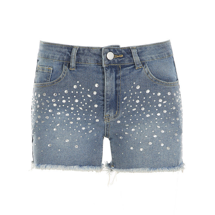 Dame jeans shorts med glitrende applikationer og frynset kant Skovae