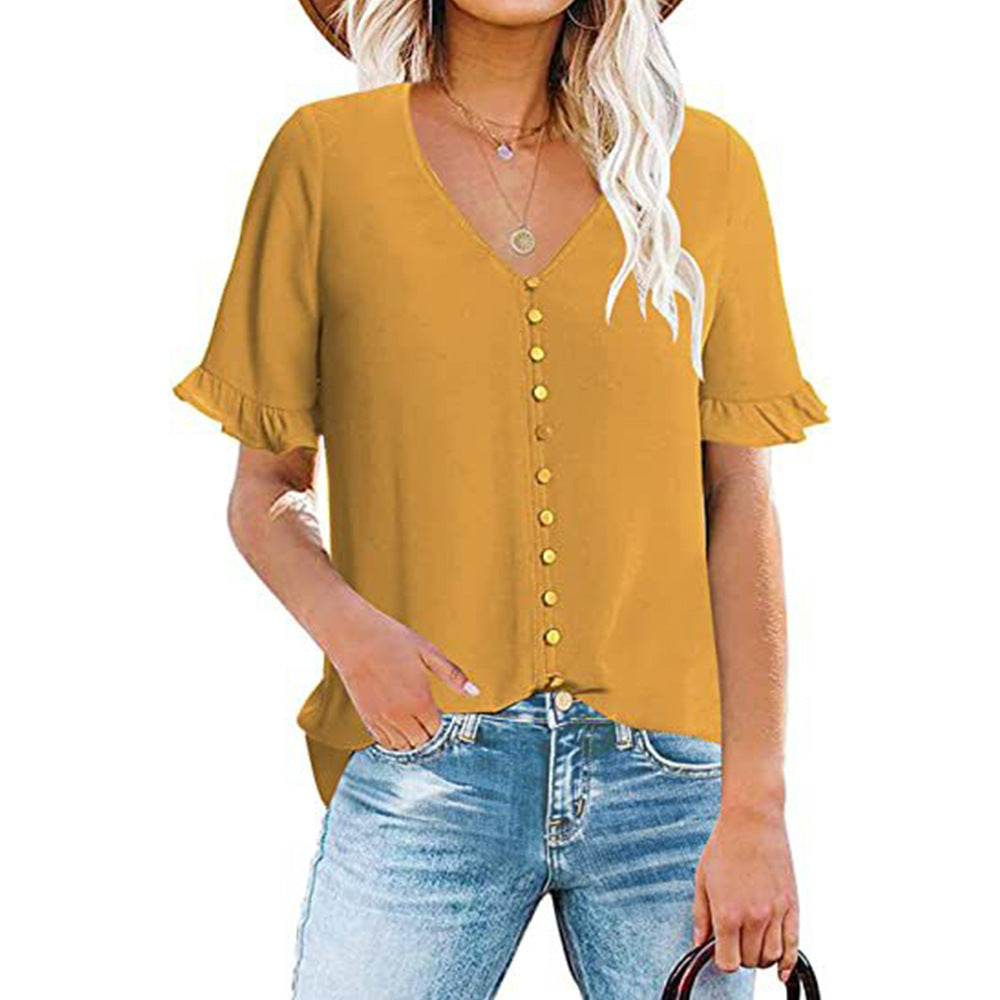 Damebluse med flæseærmer og stilrene knapper Stilla