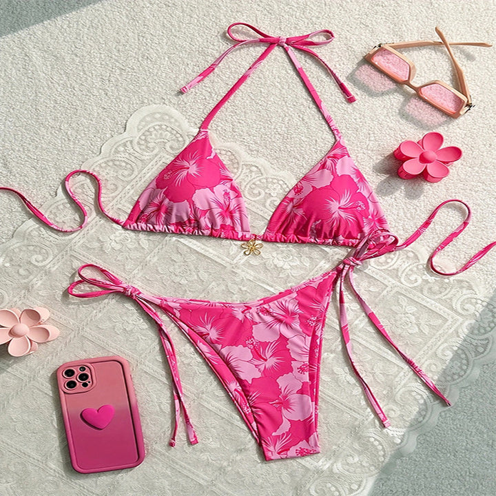 Dame Drømmende Triangel-Bikini med floralt design og legesyge snøring Skovae