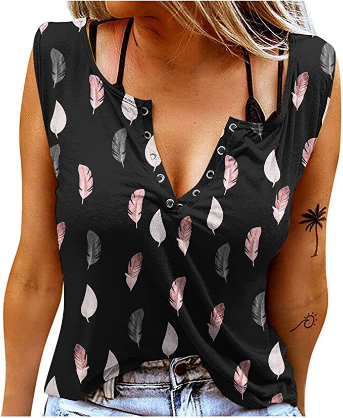 Dame Knapper T-Shirt med Fjerprint Stilla