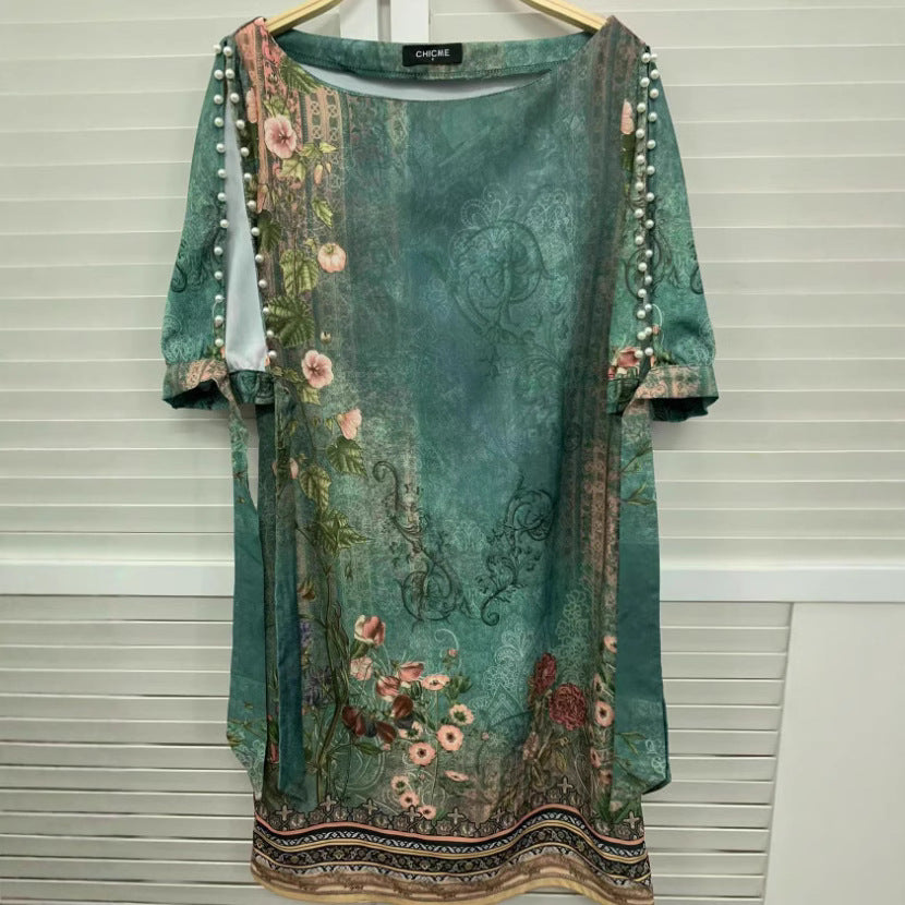Dame Elegante Kortærmet Kjole med Blomster Mønster og Udsnit Stilla