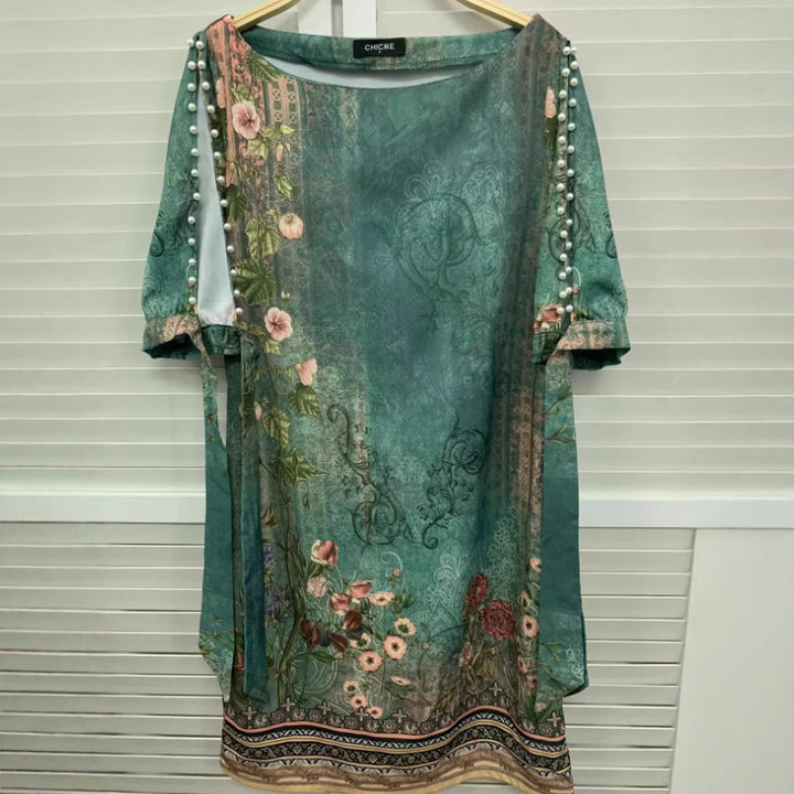 Dame Elegante Kortærmet Kjole med Blomster Mønster og Udsnit Stilla