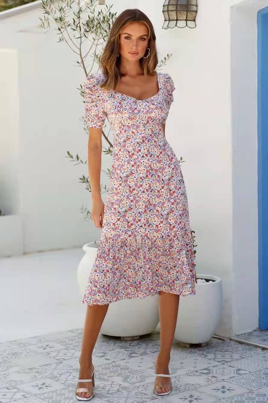 Dame Midi-kjole med feminine puffærmer og floral flæsekant Stilla