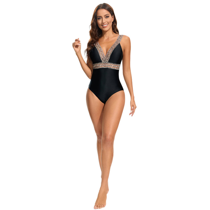 Dame Elegant One-Piece Swimsuit with Deep V-Neck and Sparkling Accents Skovae