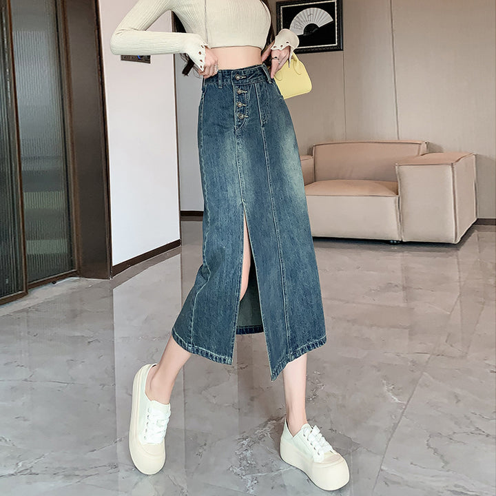 Kvinder Lang Denim Nederdel med Front Split Stilla