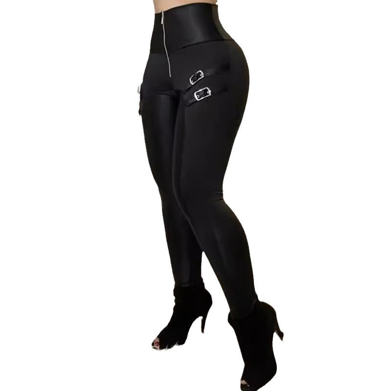 Dame High-Waist Leggings med stilige spænder og glitrende finish Stilla