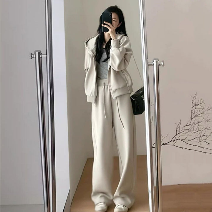 Kvinders Oversized Fritids Hoodie Sæt med Dyb Udsnit og Casual Bukser Skovae