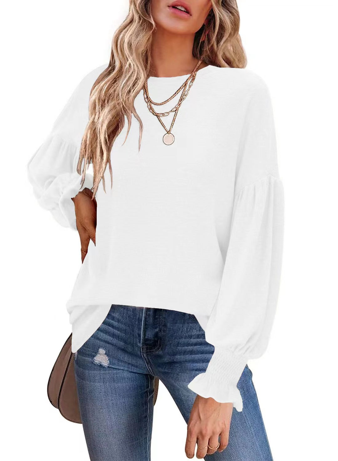 Dame sweater med elegante ballonærmer og finstrik Stilla