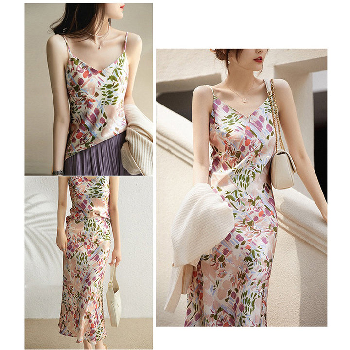 Dame Spaghettistrap Bluse med blomsterprint og fin satinfinish Stilla