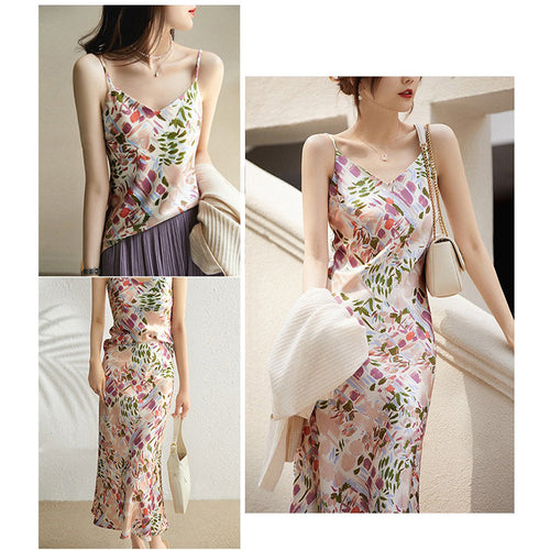 Dame Spaghettistrap Bluse med blomsterprint og fin satinfinish Stilla