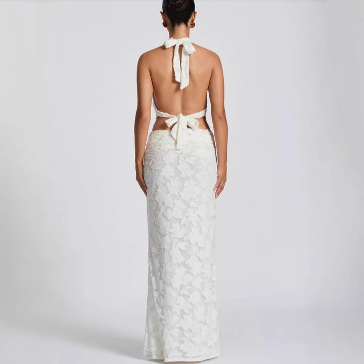 Femme Halterhals Floral Overlay Maxi Kjole Stilla