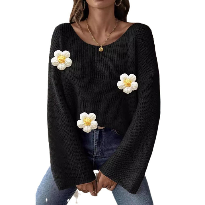 Kvinders strikket sweater med blomster 3D-design og brede ærmer Stilla