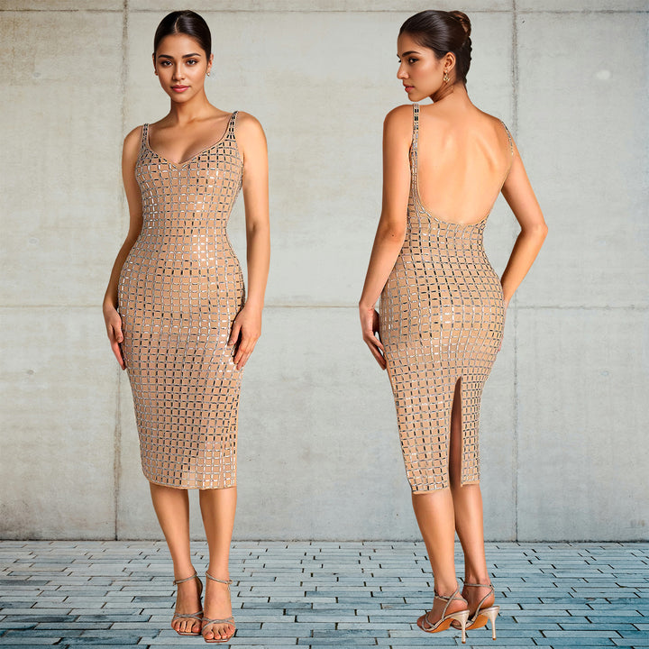 Dame Elegante Figurformet Midi-Kjole med transparent netdesign og glitrende accenter Stilla