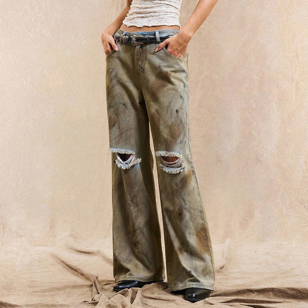 Kvindernes bredskårne jeans med slidte detaljer Stilla