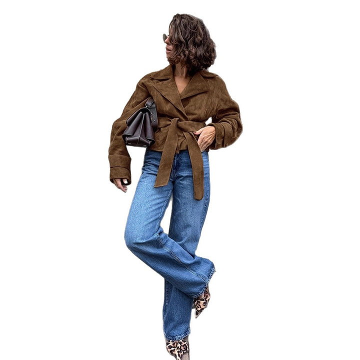 Dame Mode Suede Jakke med figursyet bælte Stilla