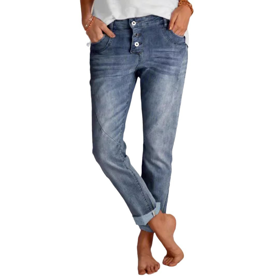 Kvinder Relaxed Fit Knaplukning Denim Jeans Stilla