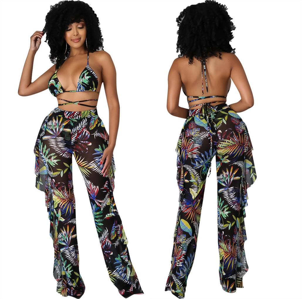 Dame To-delt Strandensemble med blomsterprint og transparente detaljer Stilla