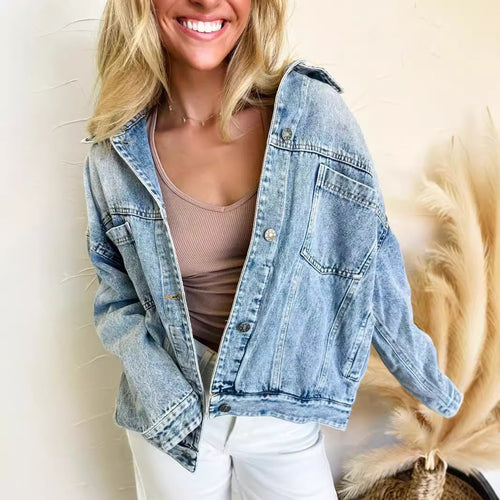 Dame casual denimjakke i afslappet oversized pasform med praktiske lommer Stilla