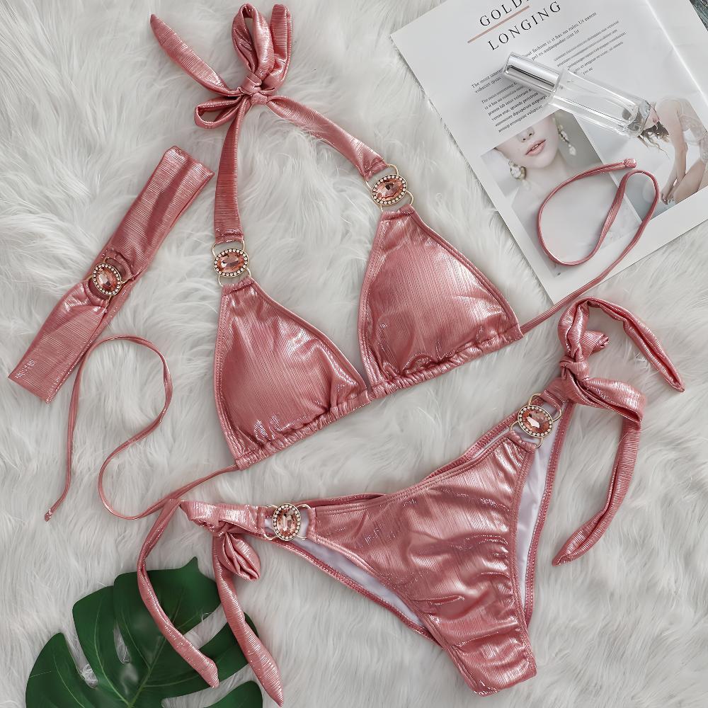 Dame Glinsende Slips-Detalje Triangle Bikini Sæt Stilla